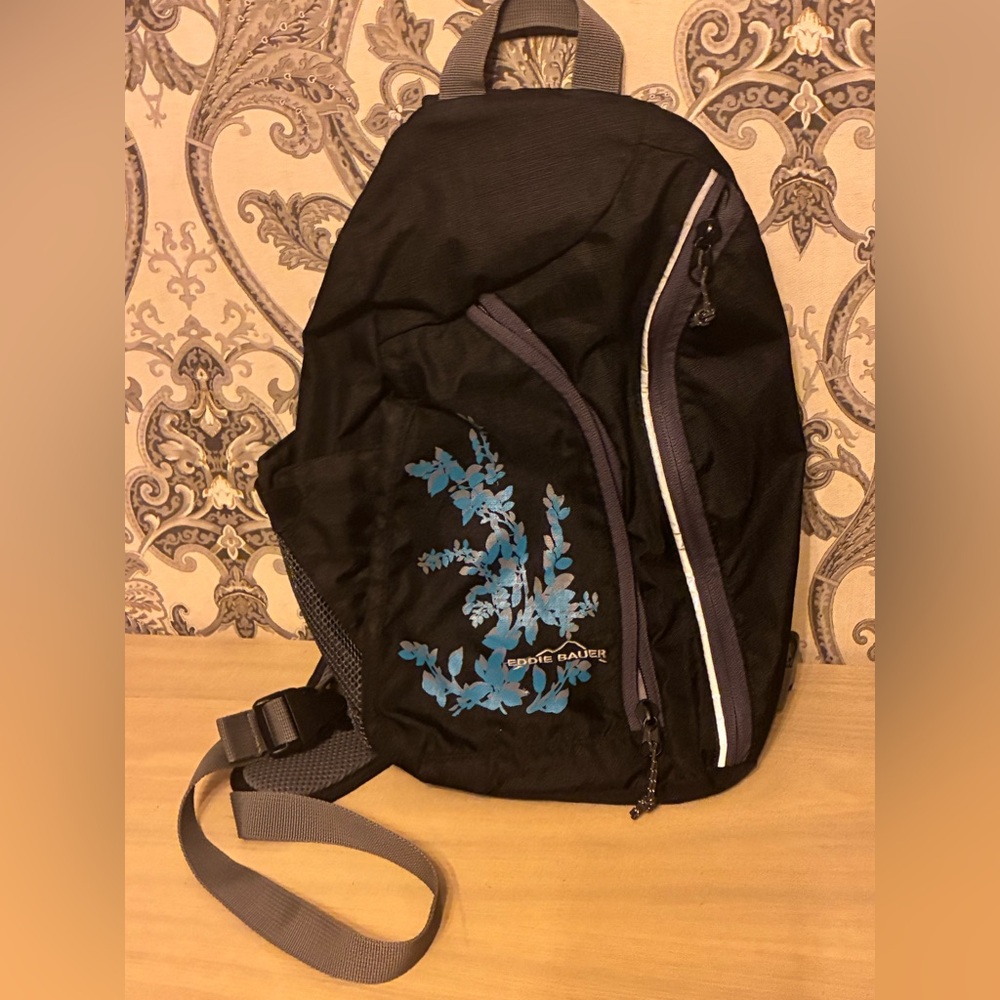 Eddie Bauer Black Backpack with Blue Floral Accent
